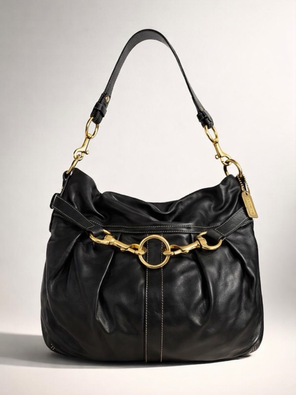 Black Coach Leather Hobo Bag with Brass Hardware